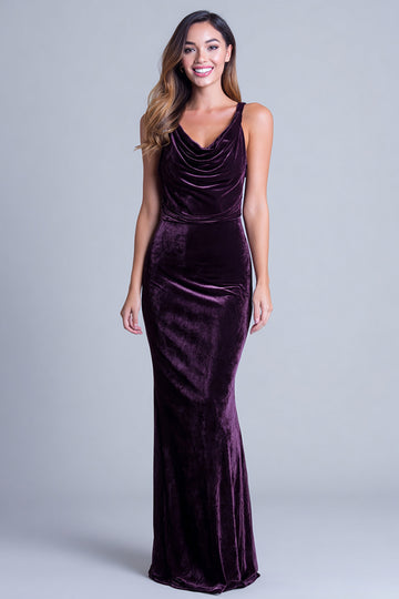 Plum Sheath Velvet Cowl Neck Long Holiday Party Dress
